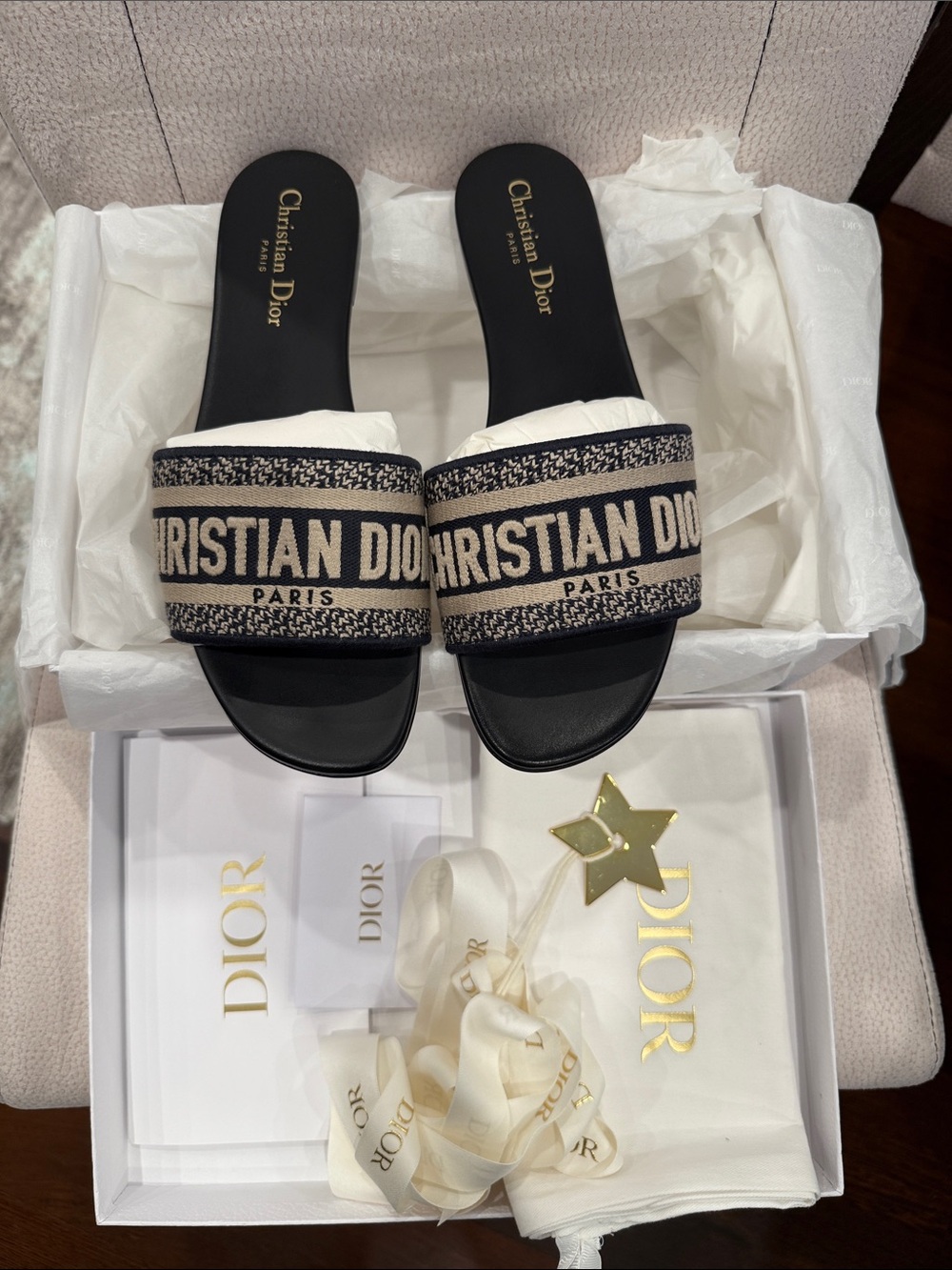 Christian Dior. Dway Slide Sandals in Deep Blue & Cream.